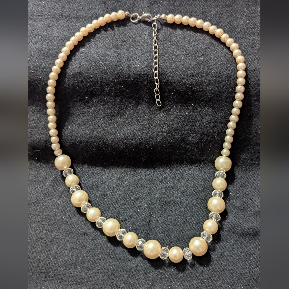 Silver Tone White Faux Pearl and Clear Crystal Beaded Statement Necklace